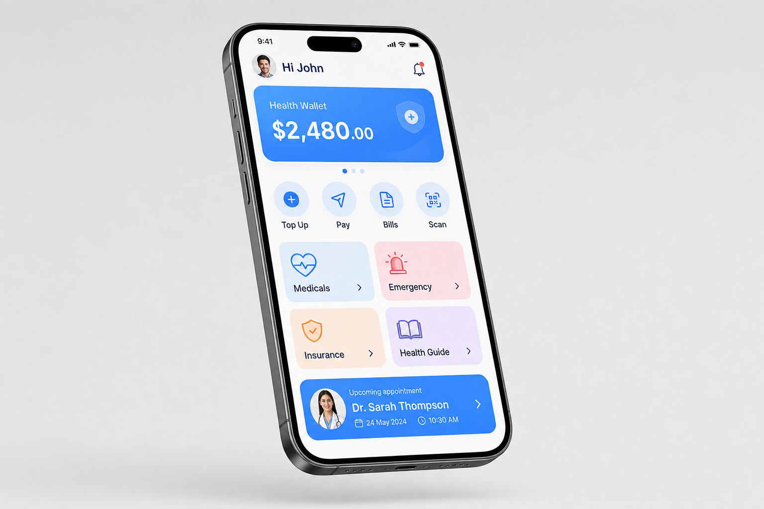 HealthPay home screen showing a Health Wallet balance, quick actions and an upcoming appointment
